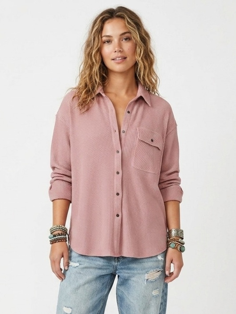 Buffalo Relaxed Thermal Waffle Knit Button-Up Shirt - Pink